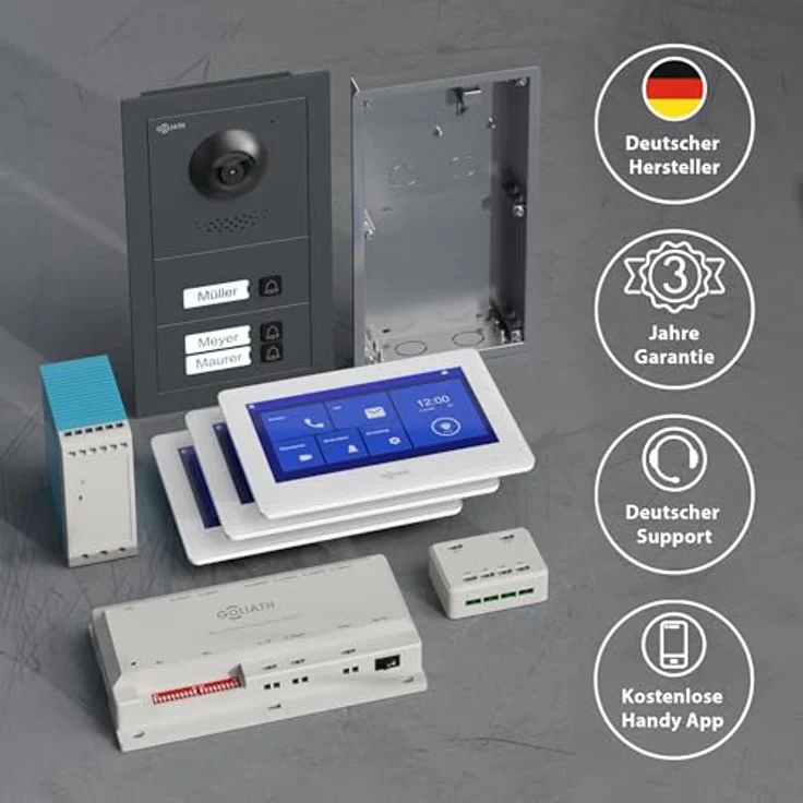 Goliath Intercom Video-Türsprechanlage Basic-Line, 7-Zoll HD Monitor in Weiß/Schwarz, 2-Draht, für 3-Familienhaus mit App-Funktion und 170° Kamera – Bild 6