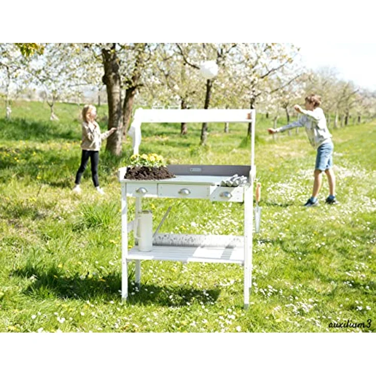 WONDERMAKE Pflanztisch groß weiß mit 3 Schubladen aus Holz wetterfest, Garten-Arbeitstisch XL, Outdoor draußen Balkon hochwertig, Gärtnertisch Umtopftisch, weiß grau – Bild 3