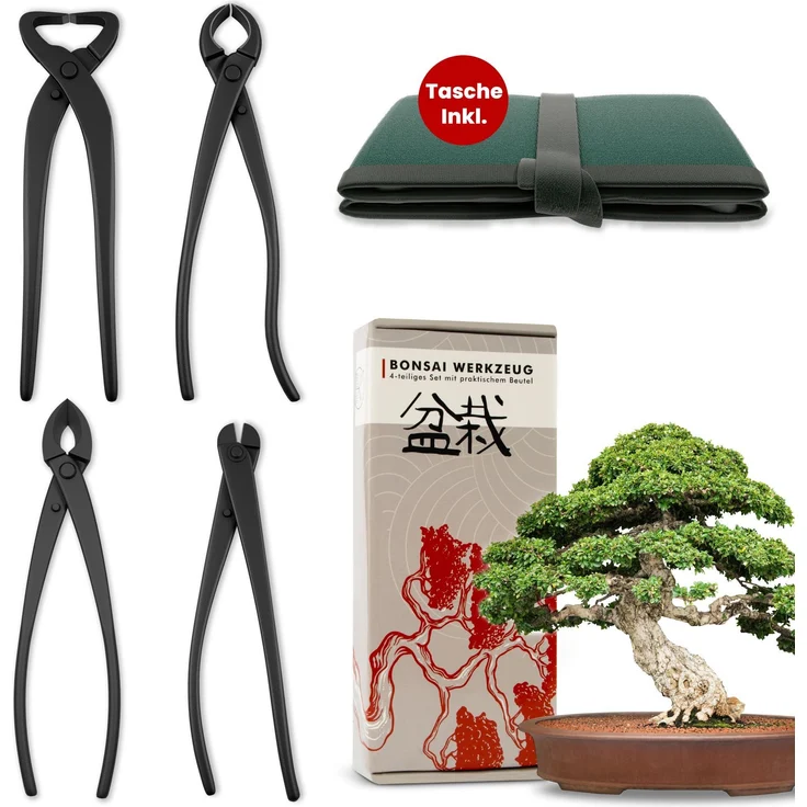 HappySeed Gartenschere Bonsai Werkzeug-Set Profi 4-teilig aus Stahl mit praktischer Tasche, grün – Bild 1