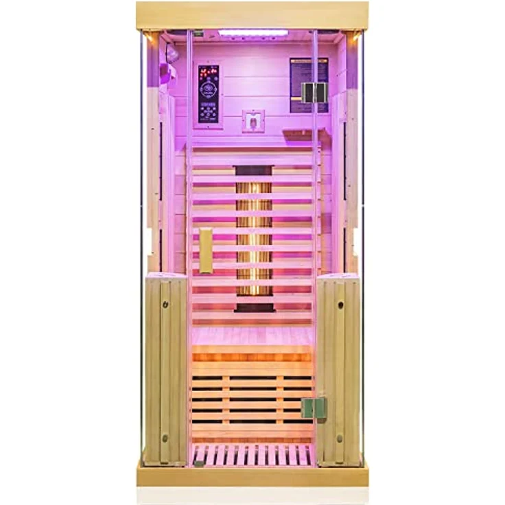 Dewello® Infrarotkabine Infrarotsauna Kingston 90cm x 90cm für 1 Person aus Hemlock Holz mit verstellbarem Vollspektrumstrahler – Bild 4