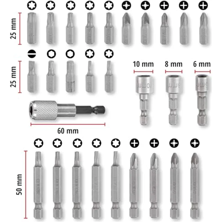 Einhell S-Case Bit-Set 28-tlg., mit 15 Bits 25 mm und 9 Bits 50 mm aus Chrom Vanadium Stahl, inklusive 3 Hexagonal-Stecknüssen und Schnellwechselbithalter – Bild 2