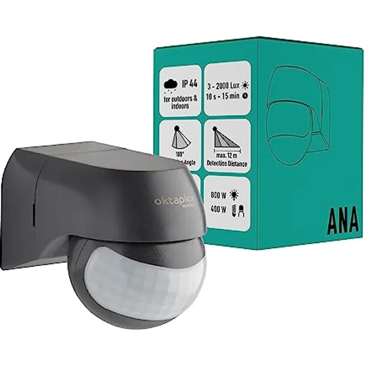 Oktaplex Ana Bewegungsmelder Aussen schwenkbar 230V IP44 180° Bewegungssensor 12m Reichweite anthrazit Aufputz Infrarot-Sensor