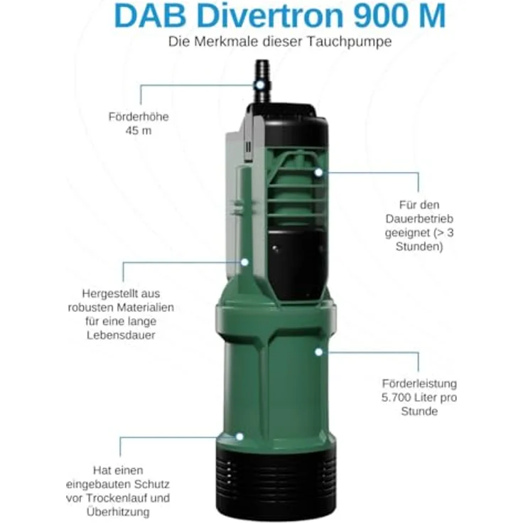 DAB Divertron 900 M, Tauchdruckpumpe mit 5.700 L/Std., 920W, Förderhöhe 45 m, geräuscharm, automatische Brunnen- und Zisternenpumpe – Bild 3
