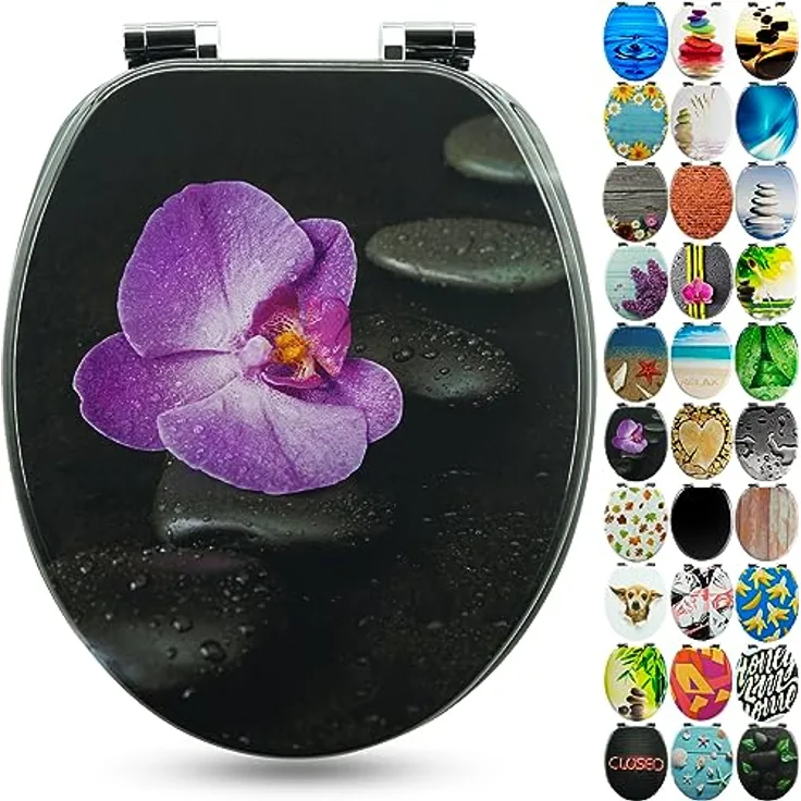 Sanfino WC Sitz Way of Orchid, Toilettendeckel aus Holz mit Absenkautomatik, schwarz, verchromte Metallscharniere, einfache Montage, 43,5 x 37,5 cm