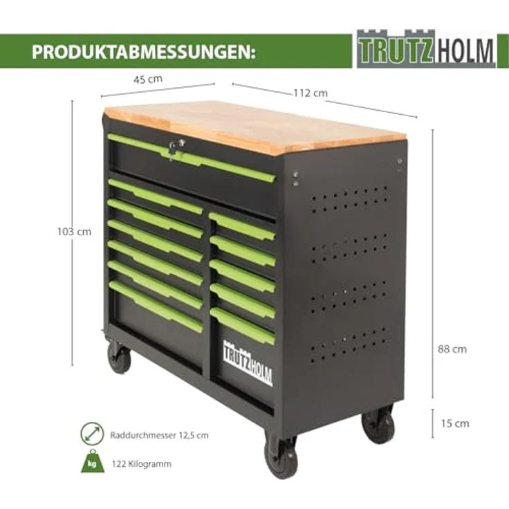 TRUTZHOLM Werkstattwagen Star XL 12 Schubladen Stahl schwarz/grün 103 x 112 cm max. Traglast: 750 kg, verschließbare Schubladen, robustes Design – Bild 2