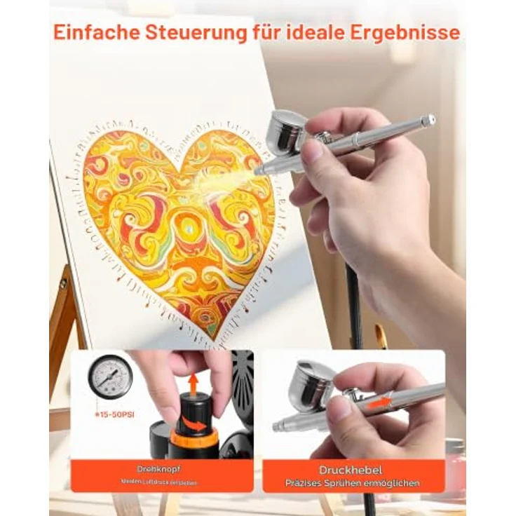 VEVOR Airbrush Set 1/6 PS mit Kompressor & Tank, Dual-Action mit 3 Düsen (0,3/0,3/0,5 mm), für Tortendekoration, Modellmalerei und Nagelkunst – Bild 4
