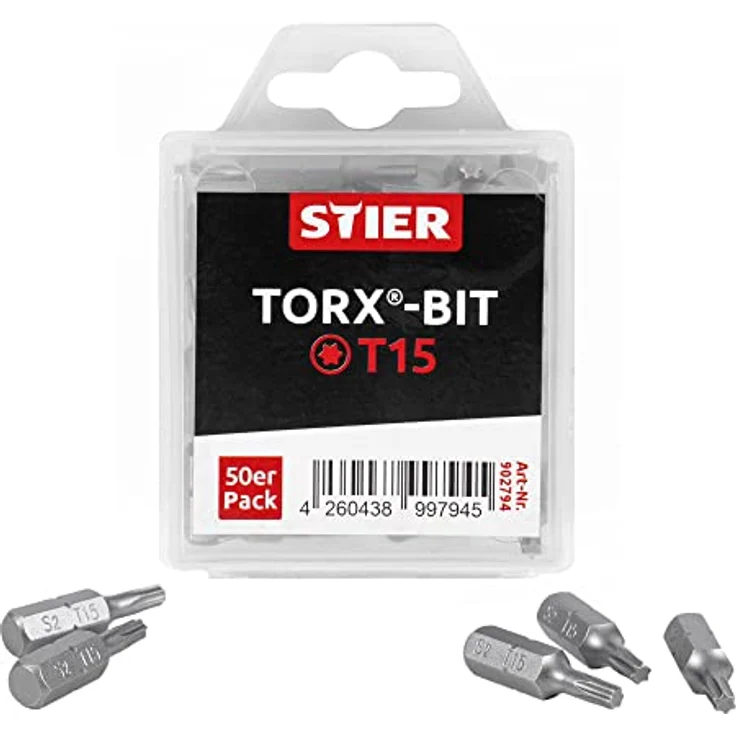 STIER TORX-Bit-Großpackung T 15, 50 Profi-Bits, 25 mm Länge, S2-Stahl, praktische Plastikbox, vielseitig einsetzbar – Bild 3