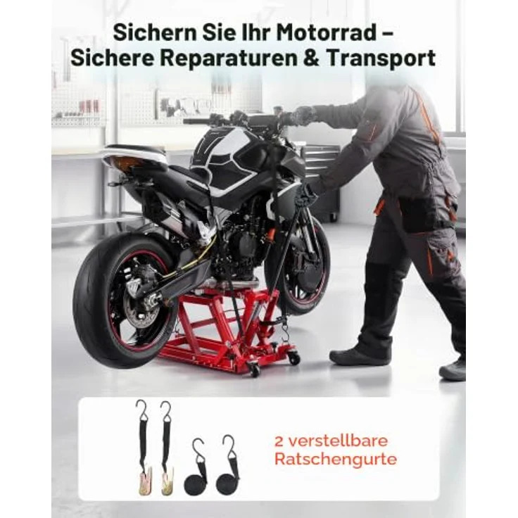 VEVOR Motorradhebebühne, Hydraulisch bis 680 kg, Höhenverstellbar 115–385 mm, mit 4 Rädern und Fußbedienung, Rot – Bild 7