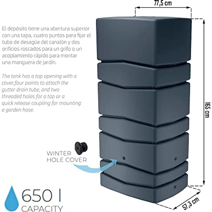Prosperplast Aqua Tower Wasserfangfass 650 l, Maße (mm) 775 x 573 x 1650, Anthrazit, Regentonnen aus Kunststoff – Bild 2
