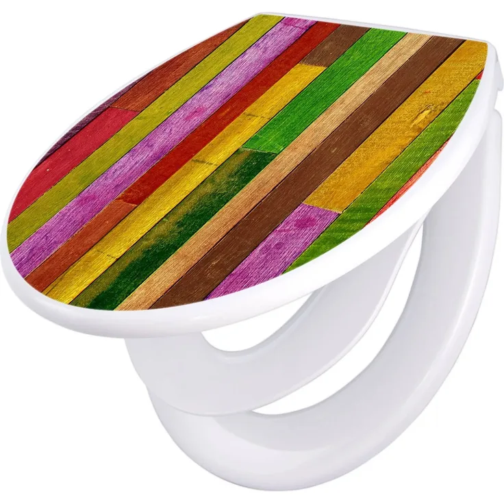 Banjado Familien WC Sitz mit Absenkautomatik, Klodeckel mit Kindersitz aus hochwertigem Polypropylen, motiv Holz Collage bunt, 44,5x37x5cm