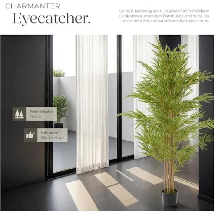 tectake® Bambus Kunstpflanze, künstlicher Pflanzenbaum mit naturgetreuer Optik, 180 cm, pflegeleicht für Wohnzimmer, Küche, Badezimmer und Schlafzimmer Deko – Bild 5