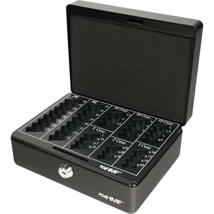 HMF Geldkassette Abschließbare Bargeldkasse mit Euro-Münzbrett, Sicherheitszylinderschloss, 20 x 16 x 9 cm, schwarz