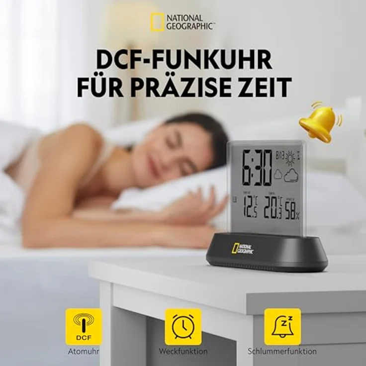 National Geographic Wetterstation, Funkwetterstation mit transparentem Display und Schlummerfunktion, Schwarz – Bild 5