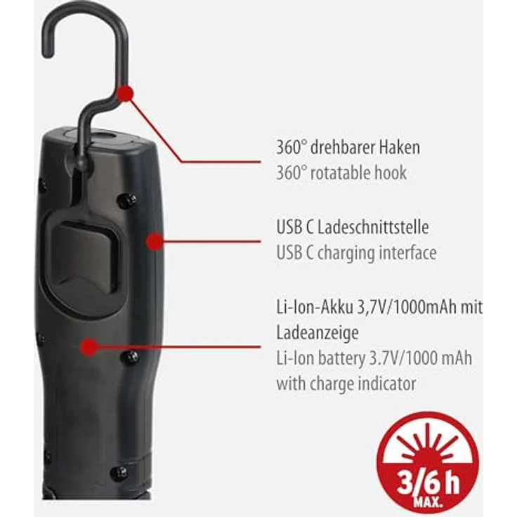Brennenstuhl LED Akku Handleuchte HL 201 A, superhelle Arbeitsleuchte mit Akku (250 + 70lm, knickbarer Haltefuß, Magnet, Haken, USB C Kabel) – Bild 3