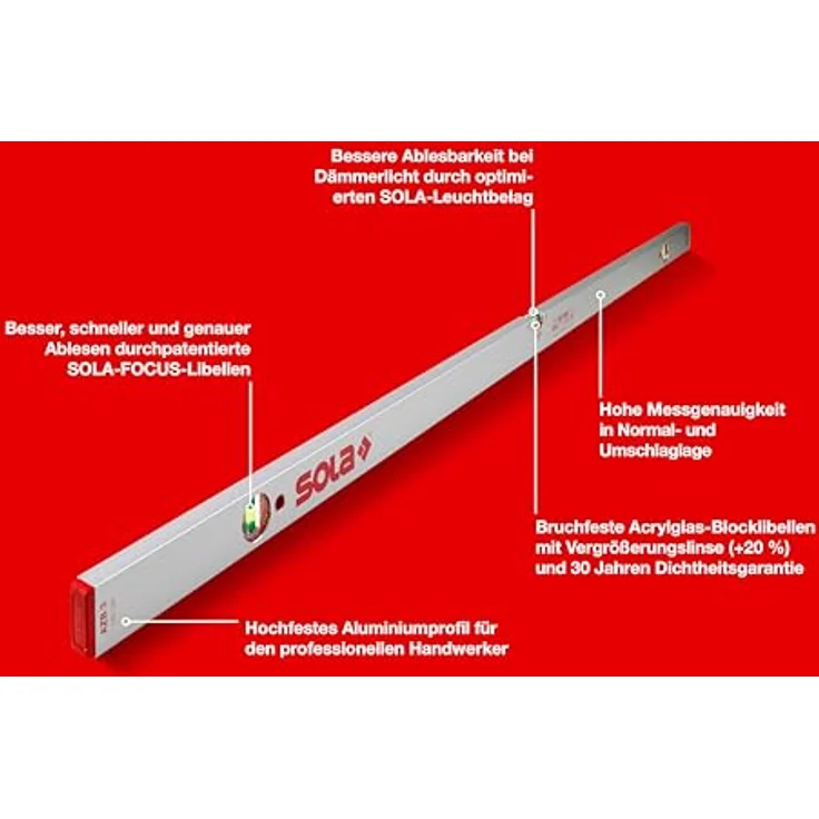Sola AZB3 180 Wasserwaage 180 cm mit patentierter SOLA-FOCUS Libelle und bruchfesten Acrylglas-Blocklibellen – Bild 2