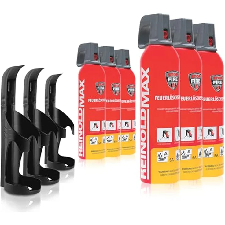 XENOTEC Premium Feuerlöschspray, 6 x 750ml, 3 Wandhalter, Stopfire, umweltfreundlich, wiederverwendbar, schwarz – Bild 1