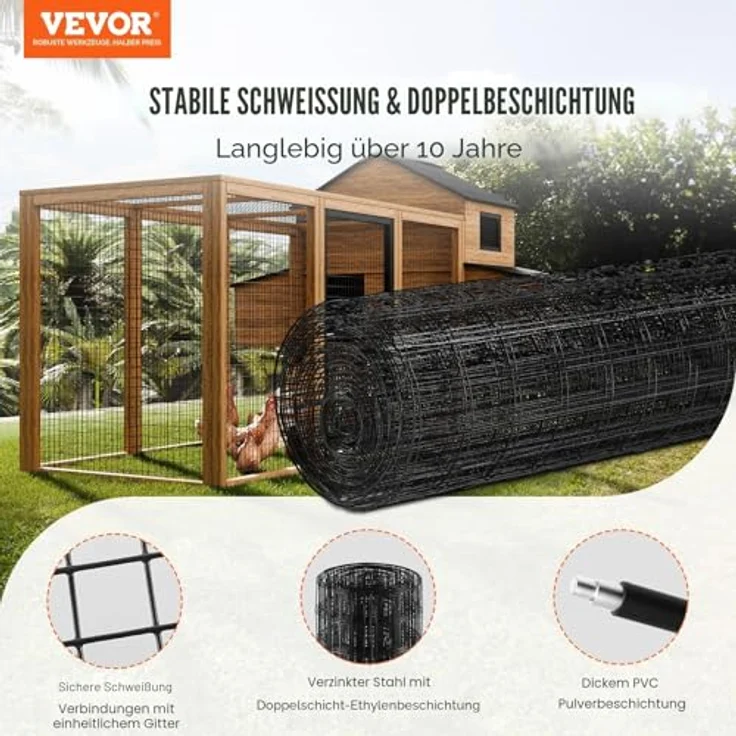 VEVOR Volierendraht 61 x 1524 cm, Vinylbeschichteter Maschendrahtzaun, 1,52 mm für Hühnerstallbarrieren und Kaninchenzäune, schwarz – Bild 2