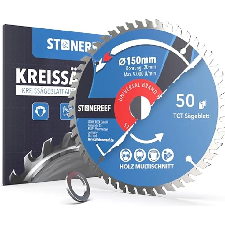 STONE REEF Kreissägeblatt 150 x 20 mm für Holz & Kunststoff, 50 Zähne, Bohrung 20 mm + Adapterring 16 mm, für Handkreissäge, Akku-Kreissäge & Tischkreissäge – Bild 1