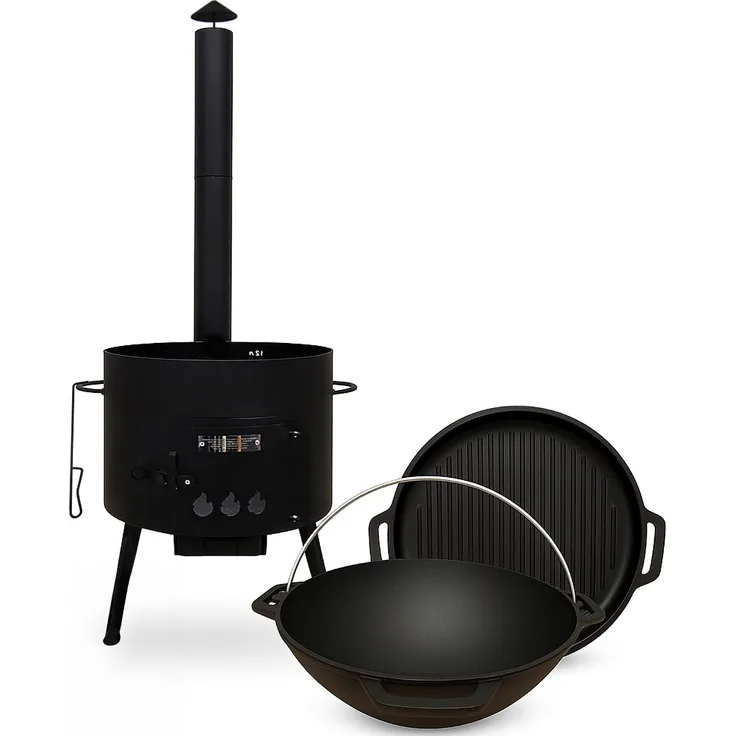 Olymp Handels GmbH Utschak Ø40cm Kasan 12L, gusseisener Kocher mit Grilldeckel und Schornstein, multifunktional, 4 abnehmbare Beine, für Outdoor und Camping