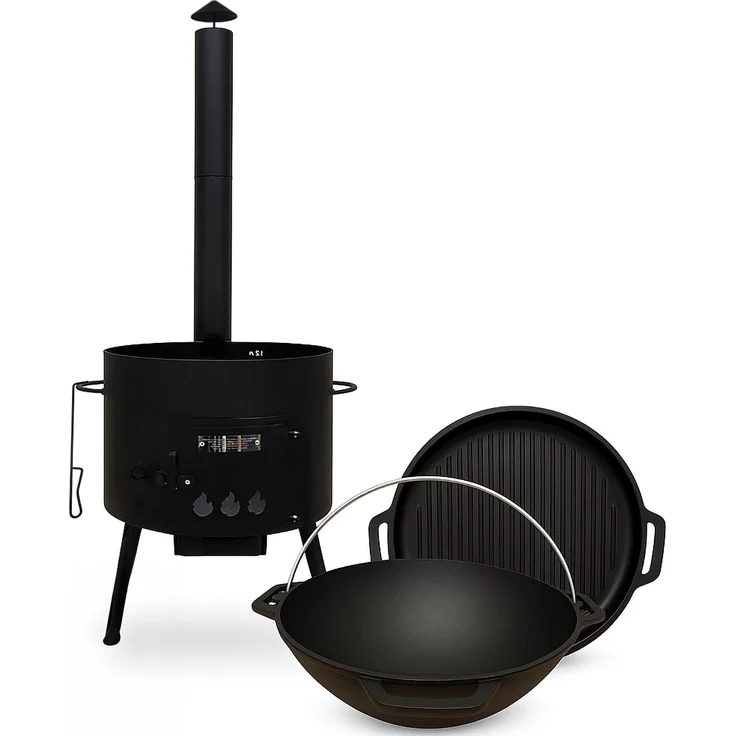 Olymp Handels GmbH Utschak Ø40cm Kasan 12L, gusseisener Kocher mit Grilldeckel und Schornstein, multifunktional, 4 abnehmbare Beine, für Outdoor und Camping