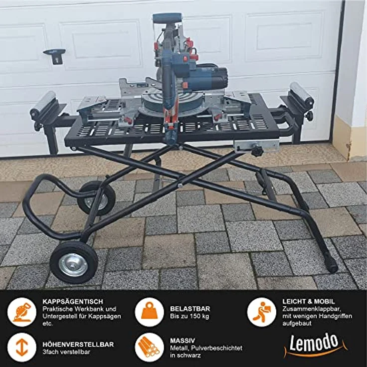 Lemodo mobile Werkbank, höhenverstellbarer Kappsägetisch, klappbar, schwarz, mit Transportrollen – Bild 6