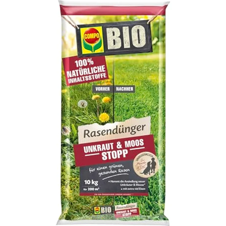 COMPO BIO Rasendünger Unkraut & Moos Stopp, 100% natürliche Inhaltsstoffe, 10 kg für 200m² – Bild 1