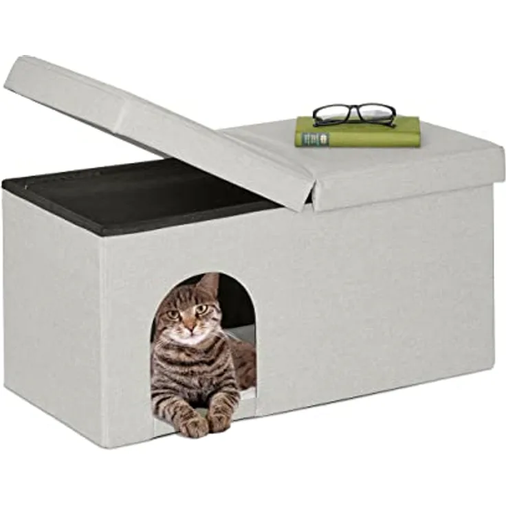 Relaxdays Katzenhöhle faltbar, belastbare Sitzbank, Katzenmöbel Indoor, Tierversteck, HBT: 38,5 x 74,5 x 37 cm, beige