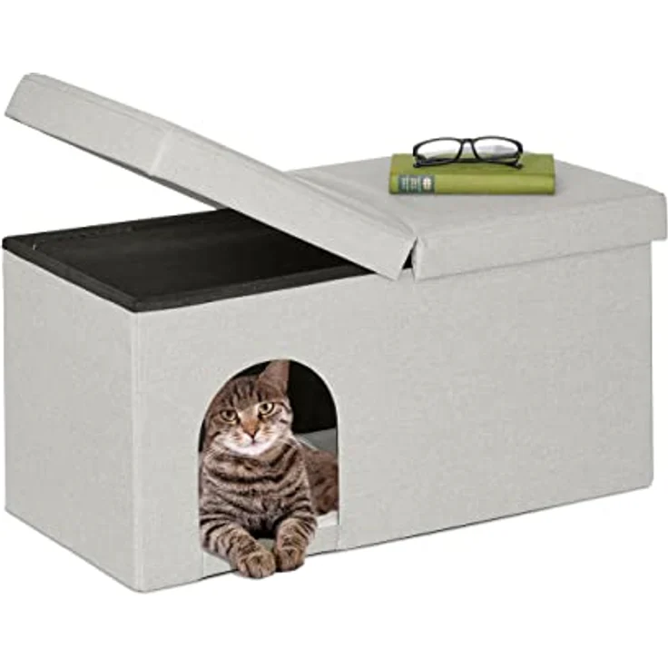 Relaxdays Katzenhöhle faltbar, belastbare Sitzbank, Katzenmöbel Indoor, Tierversteck, HBT: 38,5 x 74,5 x 37 cm, beige – Bild 1