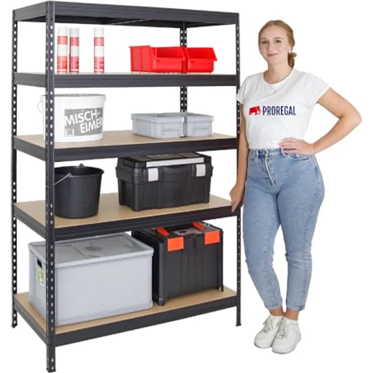 Proregal Schwerlastregal Rivet, 180 x 120 x 60 cm, Traglast 250 kg pro Boden, 5 verstellbare MDF-Böden, Stecksystem, Schwarz – Bild 5