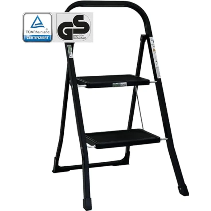TRUTZHOLM Trittleiter klappbar, 2 Stufen, TÜV/GS zertifiziert, bis 150 kg belastbar, Anti-Rutsch Trittflächen, Sicherheitsverriegelung, Stahl Leiter (Schwarz)