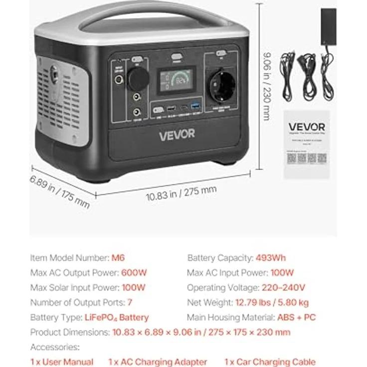 VEVOR Tragbare Powerstation M6, 600W Solargenerator mit 493Wh LiFePO4-Akku, 7 Ausgängen für Notfälle & Camping, kompakt und leicht – Bild 7