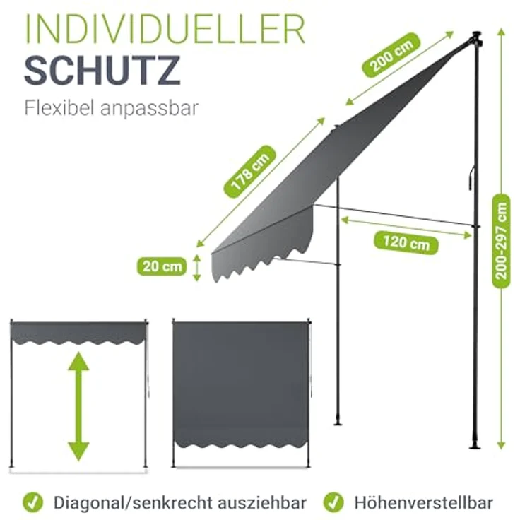 Juskys Klemmmarkise Kapstadt 200x120 cm - Höhenverstellbar & UV-beständig - Balkon & Terrasse - Wetterfest & Sichtschutz - Terrassenüberdachung Grau – Bild 5