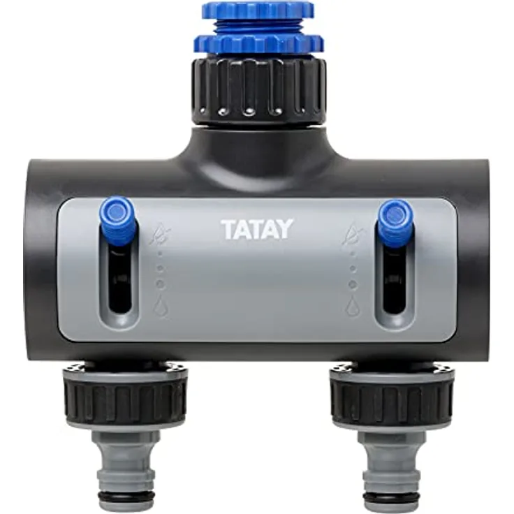 TATAY 2-Wege-Verteiler Premium, Für 1/2", 3/4" und 1" Wasserhähne, Universalverbinder, Regulator, Sonnenschutz, Einfache Installation, Grau - Schwarz