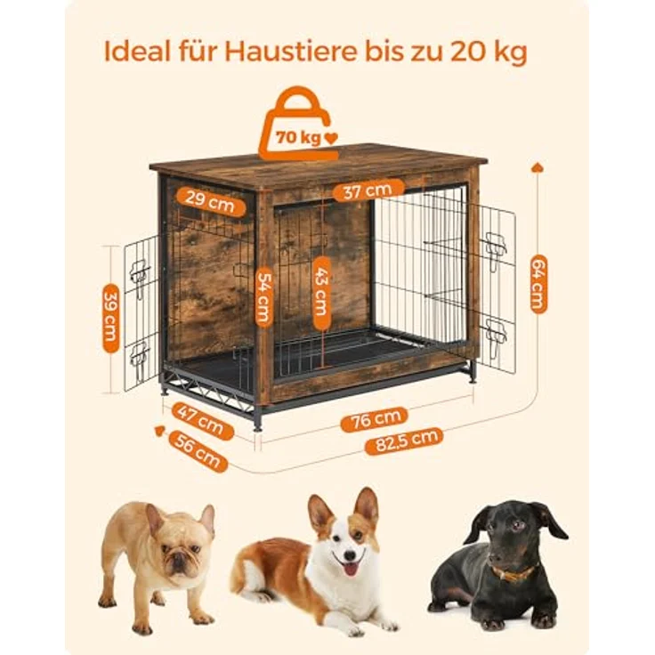 Feandrea Hundekäfig Möbel, Beistelltisch, Hundebox, Moderne Hundehütte Indoor, vintagebraun, für Hunde bis zu 20 kg, 2 Türen, herausnehmbares Tablett – Bild 5