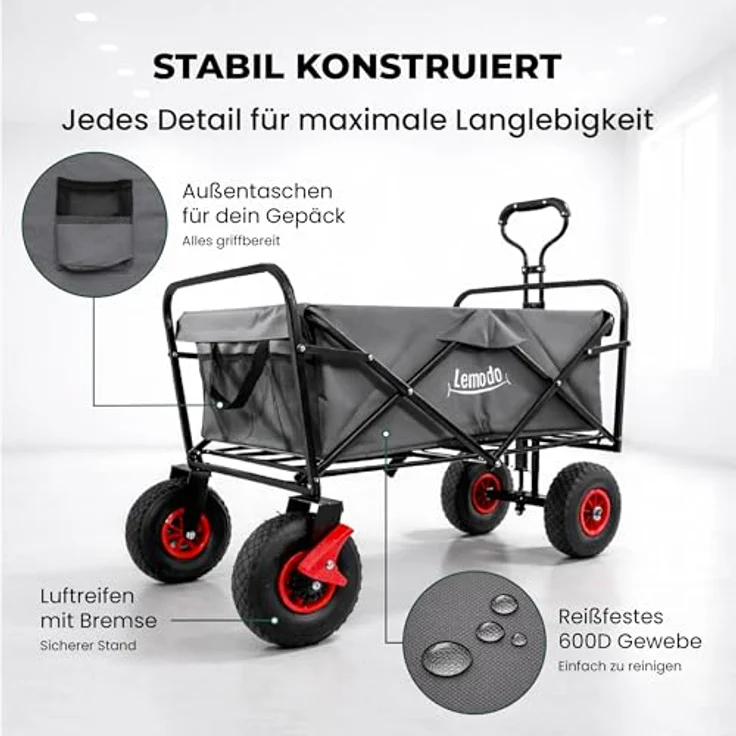 Lemodo Bollerwagen Faltbar mit Luftreifen, 120 kg Tragkraft, klappbarer Handwagen in grau für Strand, Camping & Garten – Bild 2