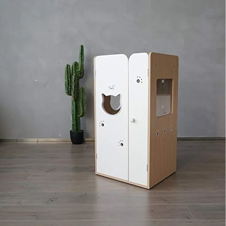 CatS Design Katzentoilette Schrank Eiche-Weiß/Premium Katzenklo Schrank/Katzen Klo inkl. Schaufel, Liegekissen & Anti Rutsch Vorleger