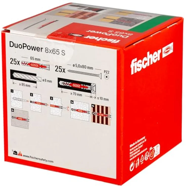 fischer DUOPOWER 8 x 65 S, Universaldübel mit Sicherheitsschraube, 2-Komponenten-Dübel, Kunststoffdübel zur Befestigung in Beton, Ziegeln, Stein, Gipskarton uvm., 25 Dübel + 25 Schrauben - Preisvergleich – Bild 3