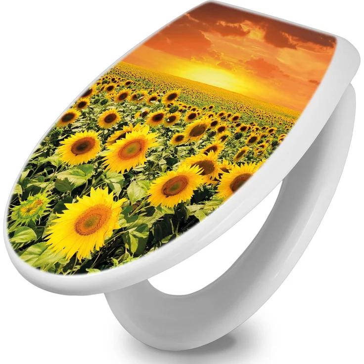 Banjado Toilettendeckel mit Absenkautomatik, WC-Sitz Soft Close, Duroplast, mit Motiv Sonnenblumenmeer, hygienisch, leicht zu montieren, weiß, 44,5x37x5cm