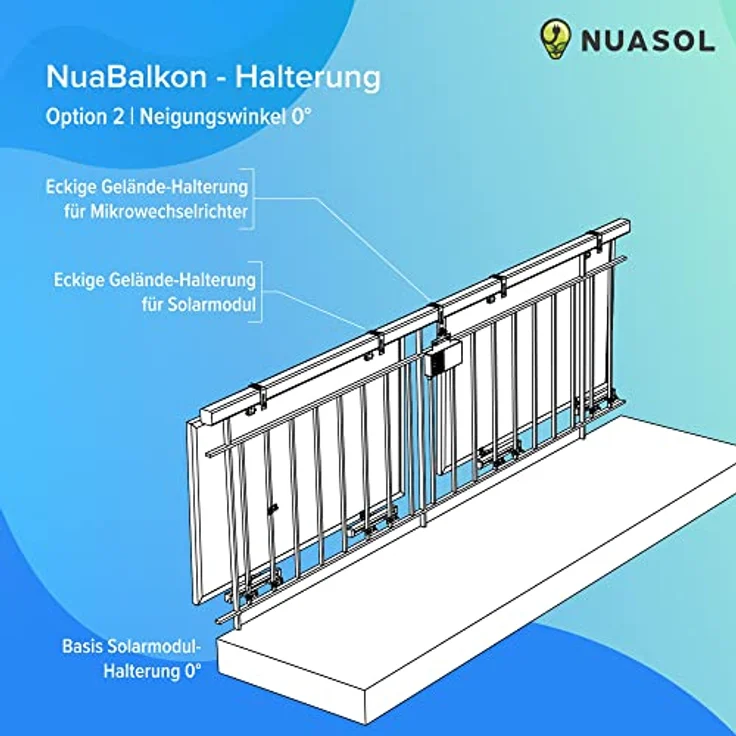 NuaSol Balkonkraftwerkhalterung Geländer Befestigung für 2 Solarmodule und ein Wechselrichter Photovoltaik | Eckig | Neigungswinkel 0° & 25-45° | Geländerbreite bis 80x80mm | Silber – Bild 2