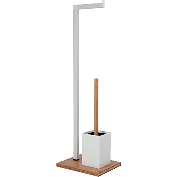 MSV WC Garnitur aus Bambus Toilettenpapierhalter aus Holz mit separatem Kunststoffbehälter Standgarnitur mit Toilettenbürste und Klorollenhalter