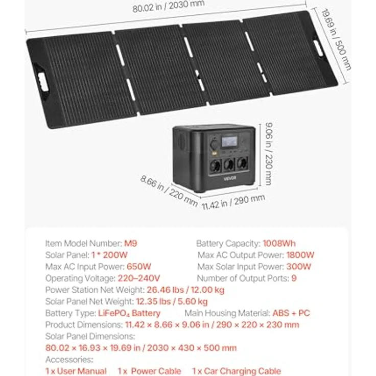 VEVOR Tragbare Powerstation M9, mit 200-W-Solarpanel, 1800-W-Solargenerator, 1008-Wh-LiFePO4-Akku, 9 Ausgängen, ideal für Notfälle zu Hause, Camping & Reisen mit dem Wohnmobil – Bild 7