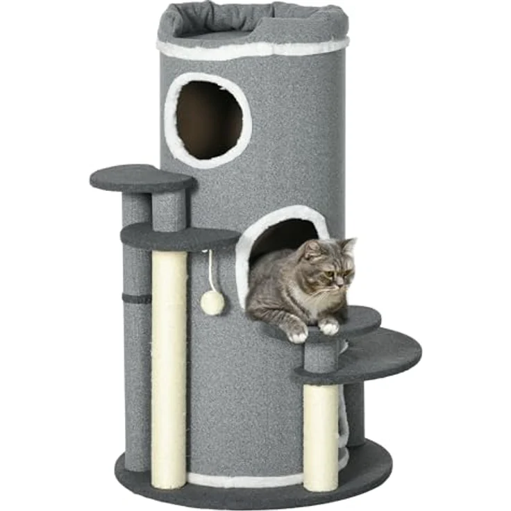 PawHut Kratztonne 99 cm mit Katzenbett, Spielball, Plattformen, 3 Türen, Grau – Bild 1