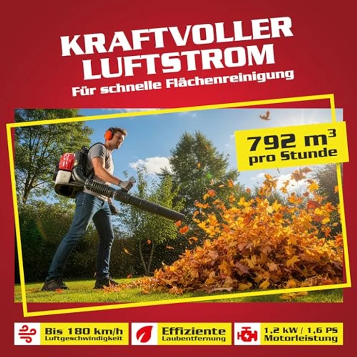 Hecht 943 Benzin-Rückenlaubbläser, 1,7 PS, 900 m³/h, 43 cm³, ergonomischer Tragegurt – Bild 2