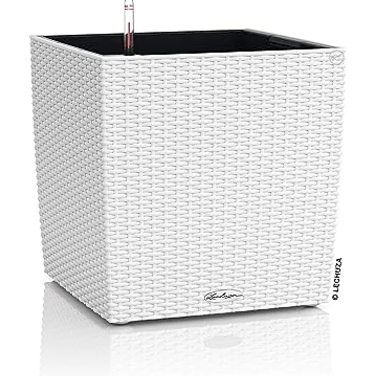 Lechuza® Cube Cottage 40, Pflanzkübel mit Flechtoptik und smartem Bewässerungssystem, weiß, 39x39x40 cm, 31 l Pflanzvolumen, 7,5 l Wasserspeicher