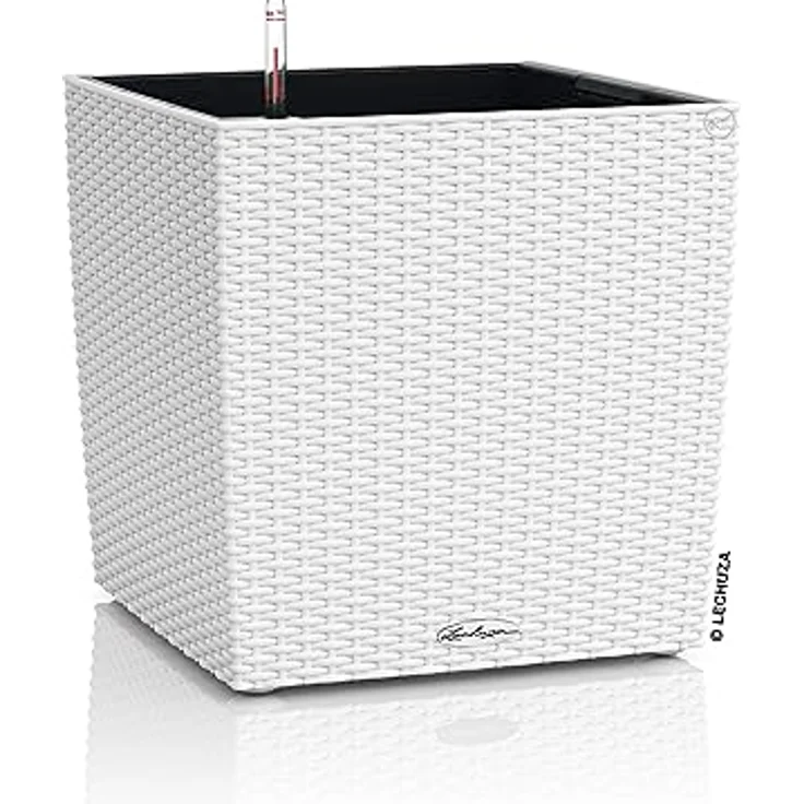 Lechuza® Cube Cottage 40, Pflanzkübel mit Flechtoptik und smartem Bewässerungssystem, weiß, 39x39x40 cm, 31 l Pflanzvolumen, 7,5 l Wasserspeicher – Bild 1