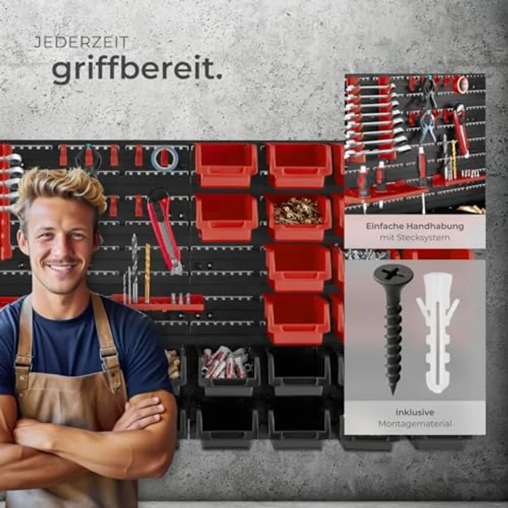 tectake® Kleinteilemagazin Werkzeugwand, flexibel erweiterbar mit 28 stapelbaren Boxen in Schwarz und Rot, sortierbares Werkstattregal für Schrauben und Muttern – Bild 3