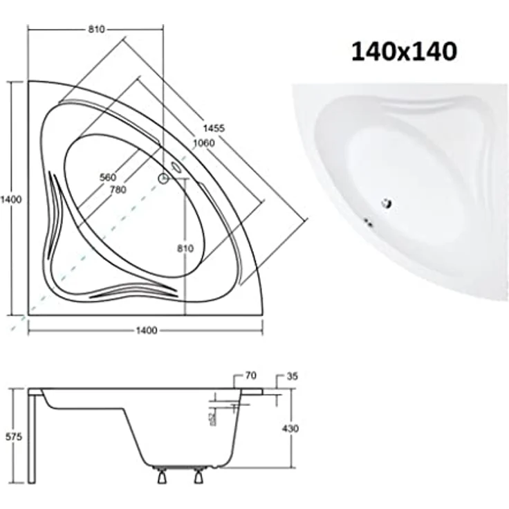 KOLMAN Badewanne Eckbadewanne Mia 140x140 mit Acrylschürze - Ablaufgarnitur VIEGA & Füße – Bild 5