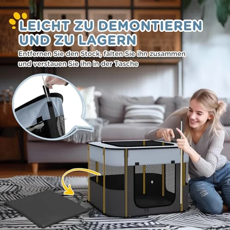 PawHut Welpenauslauf, faltbarer Welpenlaufstall mit Türen und Fenstern, atmungsaktives Netz, für Hunde bis 4 kg, grau, 74 x 60 x 45 cm, Indoor und Outdoor – Bild 5