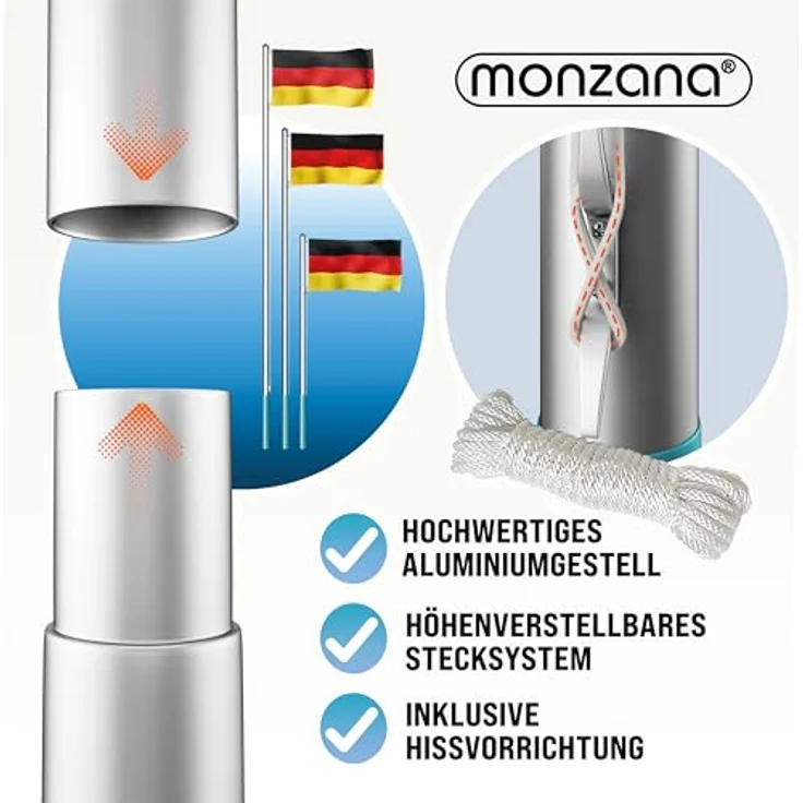 monzana Aluminium Fahnenmast 6,50m, Teleskop mit Seilzug und Flagge 150x90cm, wetterfest, inkl. Bodenhülse und Schutzkappe – Bild 3
