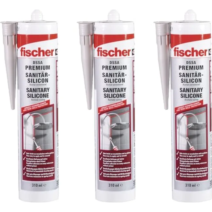 fischer Premium-Sanitärsilikon im 3er Set, je 310 ml, sanitärgrau [Amazon Exclusive]